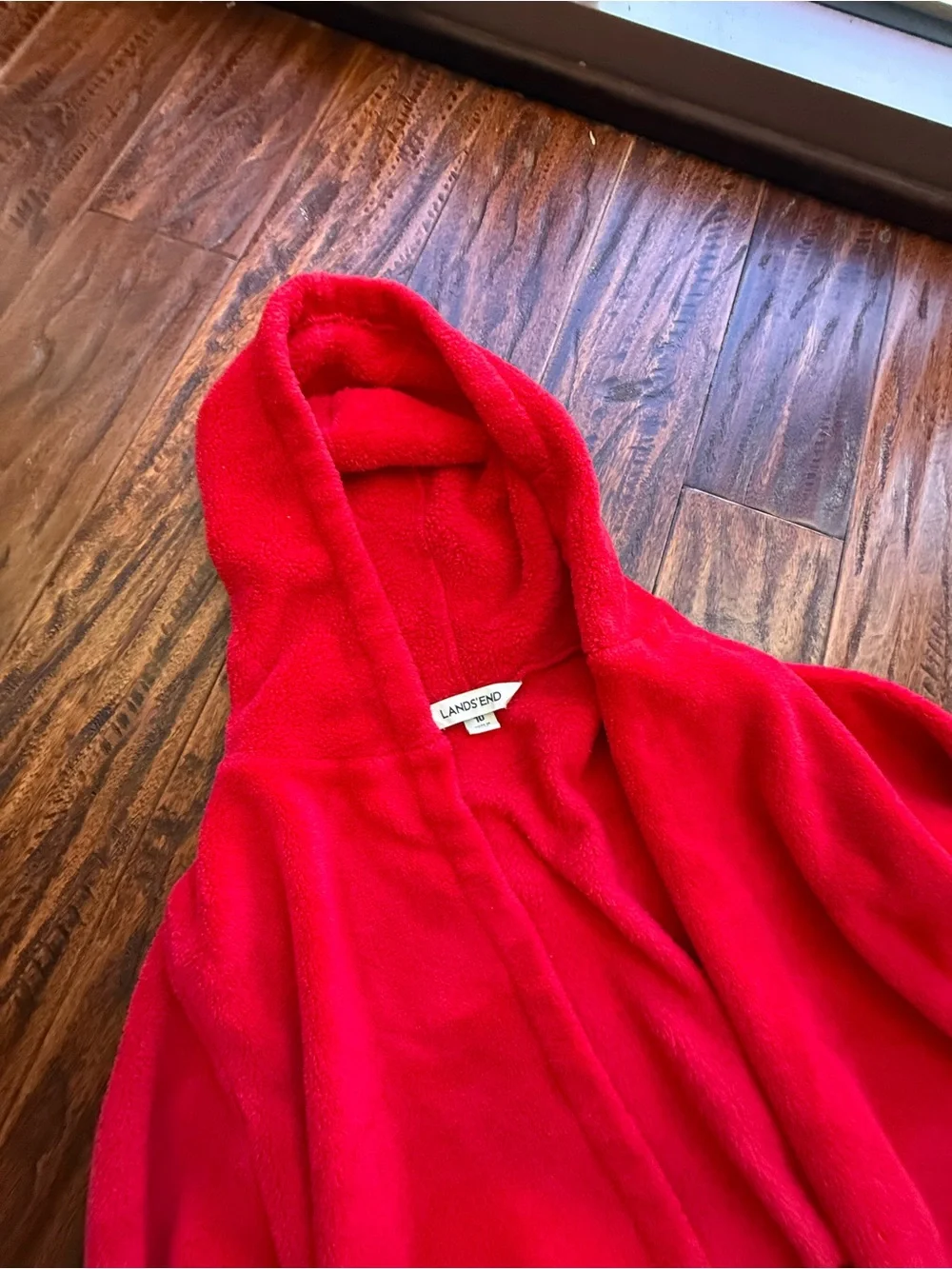 Lands' End Red Hooded Fleece Kids Robe with Striped Heart Pockets